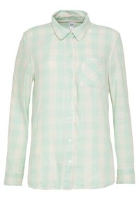 Camisa de cuadros en verde claro y crema, con cuello clásico, mangas largas y un bolsillo en el pecho. Fabricada en suave algodón.