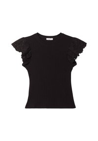 Top nero a coste con maniche corte a volant in pizzo. Presenta un collo rotondo e una silhouette aderente. Il tessuto strutturato aggiunge dettaglio.