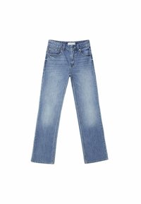 Jeans in denim blu chiaro con un design a gamba dritta, dotati di tasche frontali, chiusura con zip e aree leggermente sbiadite vicino alle cosce e alle ginocchia.