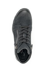 Black ankle boots made of textured leather with a rounded toe, featuring a zipper detail and laces, with a soft inner lining.