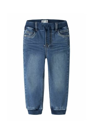 Pantalon jogger en denim bleu pour enfants avec taille élastique, cordon, poches et poignets côtelés aux chevilles.
