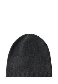 Dark gray knit beanie made from soft wool, featuring a rounded crown and ribbed hem detail. Smooth texture with a simple design.