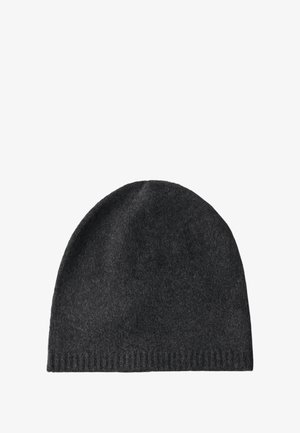 Dunkelgraue Strickmütze aus weicher Wolle, mit runder Krone und Rippenbund-Detail. Glatte Textur mit einfachem Design.