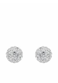 Pendientes de botón de plata redondos, densamente decorados con pequeños cristales transparentes brillantes sobre un fondo blanco.