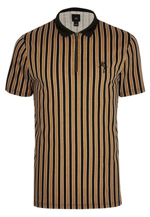 Polo de manga corta con rayas verticales en negro, marrón y beige, cuello negro y cierre frontal con media cremallera.