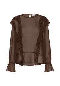 Brown, semi-sheer blouse with ruffled accents, billowing sleeves, and a keyhole back closure. Textured fabric with a flowing design.
