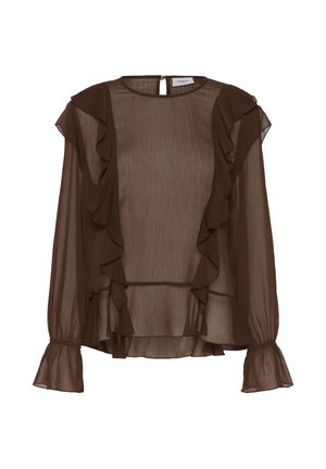 Blouse marron semi-transparent avec des accents volants, des manches bouffantes et une fermeture en trou de serrure à l'arrière. Tissu texturé avec un design fluide.