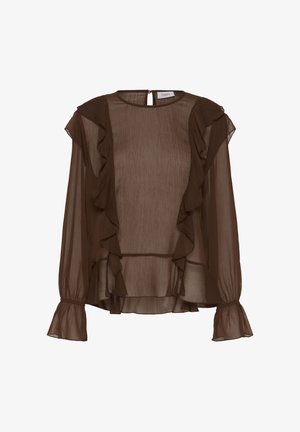 Blusa marrón semitransparente con acentos de volantes, mangas ampulosas y cierre en la parte posterior con abertura en forma de llave. Tejido texturizado con un diseño fluido.