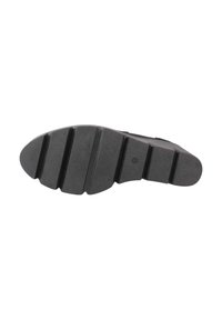 Semelle de chaussure en caoutchouc noir avec des stries horizontales et des motifs texturés. Design épais et robuste pour la durabilité et l'adhérence.