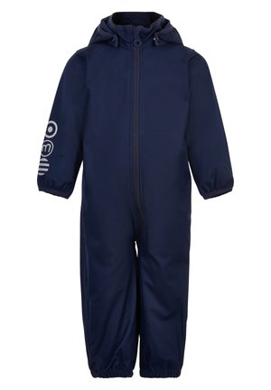 Navyblauer, wasserdichter Overall mit Kapuze, durchgehendem Reißverschluss, elastischen Bündchen und Logodetail am linken Ärmel. Glattes Material und aerodynamisches Design.