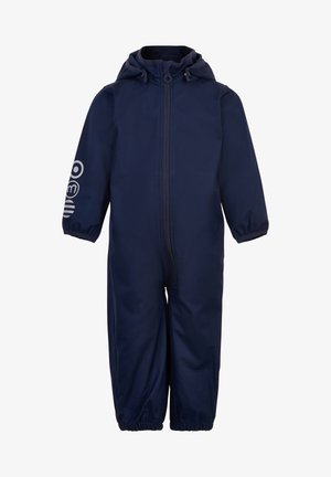 Marineblauwe waterdichte overall met capuchon, volledig ritsluiting, elastische manchetten en logo-detail op de linker mouw. Glad stof en gestroomlijnd ontwerp.