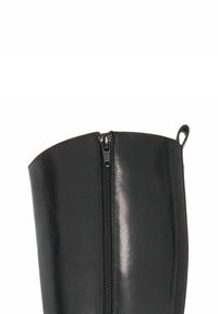 Black leather knee-high boot with a smooth finish, featuring a central zipper and a pull tab at the top for easy wearing.