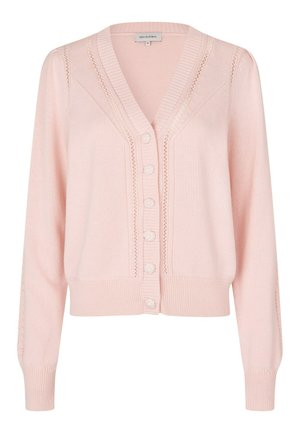 Cardigan lavorato a maglia color rosa chiaro con maniche lunghe, bottoni con motivo floreale in rilievo, orlo e polsini a costine e motivi verticali simili a pizzo sul davanti e sulle maniche.