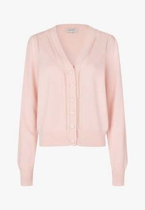 Cardigan lavorato a maglia color rosa chiaro con maniche lunghe, bottoni con motivo floreale in rilievo, orlo e polsini a costine e motivi verticali simili a pizzo sul davanti e sulle maniche.