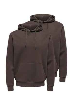 Two dark brown hooded sweatshirts with front kangaroo pockets and drawstrings, displayed on a white background.