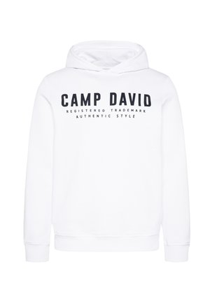 White hoodie with a front kangaroo pocket and a drawstring hood. Features black text: "CAMP DAVID" and "AUTHENTIC STYLE" on the chest.