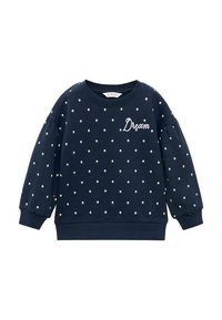 Felpa blu navy con piccoli pois floreali bianchi e la scritta "Dream" ricamata sul lato sinistro del petto, dotata di polsini e scollo a coste.