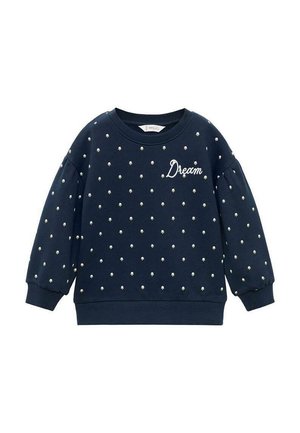 Felpa blu navy con piccoli pois floreali bianchi e la scritta "Dream" ricamata sul lato sinistro del petto, dotata di polsini e scollo a coste.