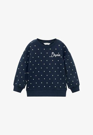 Felpa blu navy con piccoli pois floreali bianchi e la scritta "Dream" ricamata sul lato sinistro del petto, dotata di polsini e scollo a coste.