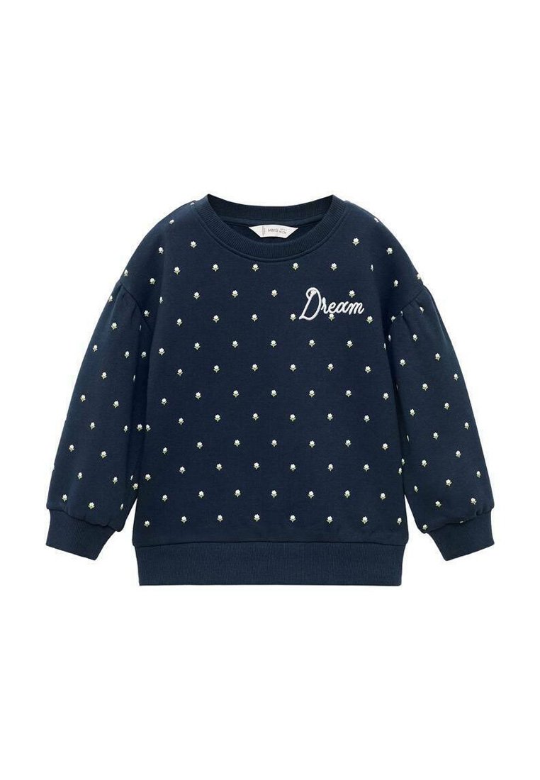 Felpa blu navy con piccoli pois floreali bianchi e la scritta "Dream" ricamata sul lato sinistro del petto, dotata di polsini e scollo a coste.