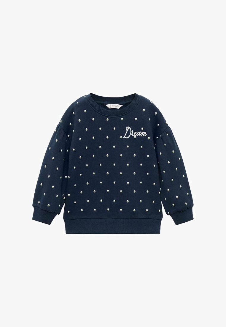 Felpa blu navy con piccoli pois floreali bianchi e la scritta "Dream" ricamata sul lato sinistro del petto, dotata di polsini e scollo a coste.