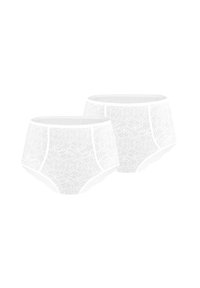 Slips bianchi in pizzo a vita alta con motivi floreali, bordi morbidi e design senza cuciture. Due paia esposti uno accanto all'altro.