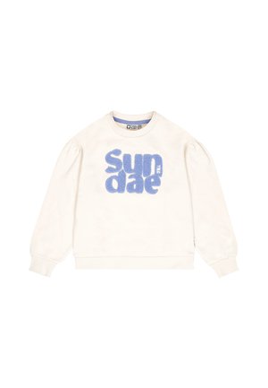 Cremefarvet sweatshirt med puffede ærmer og ribbede manchetter, der har et fuzzy blåt "sundae" grafik på forsiden.