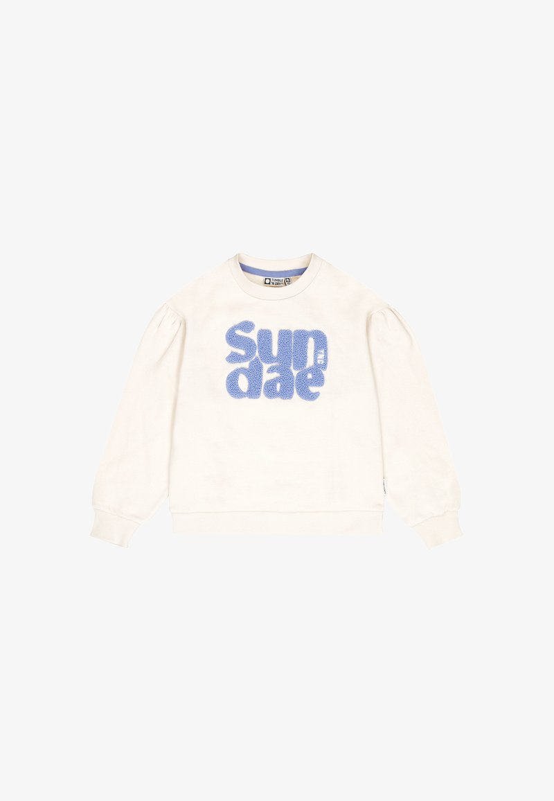 Cremefarvet sweatshirt med puffede ærmer og ribbede manchetter, der har et fuzzy blåt "sundae" grafik på forsiden.