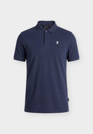 Mørkeblå kortærmet polo t-shirt med krave og tre-knaps åbning, med lille hvidt logo på venstre bryst.