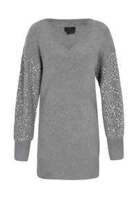 Grijze trui met V-hals en ribgebreide onderkant, met mouwen versierd met sequins voor extra detail en textuur. Zacht materiaal.