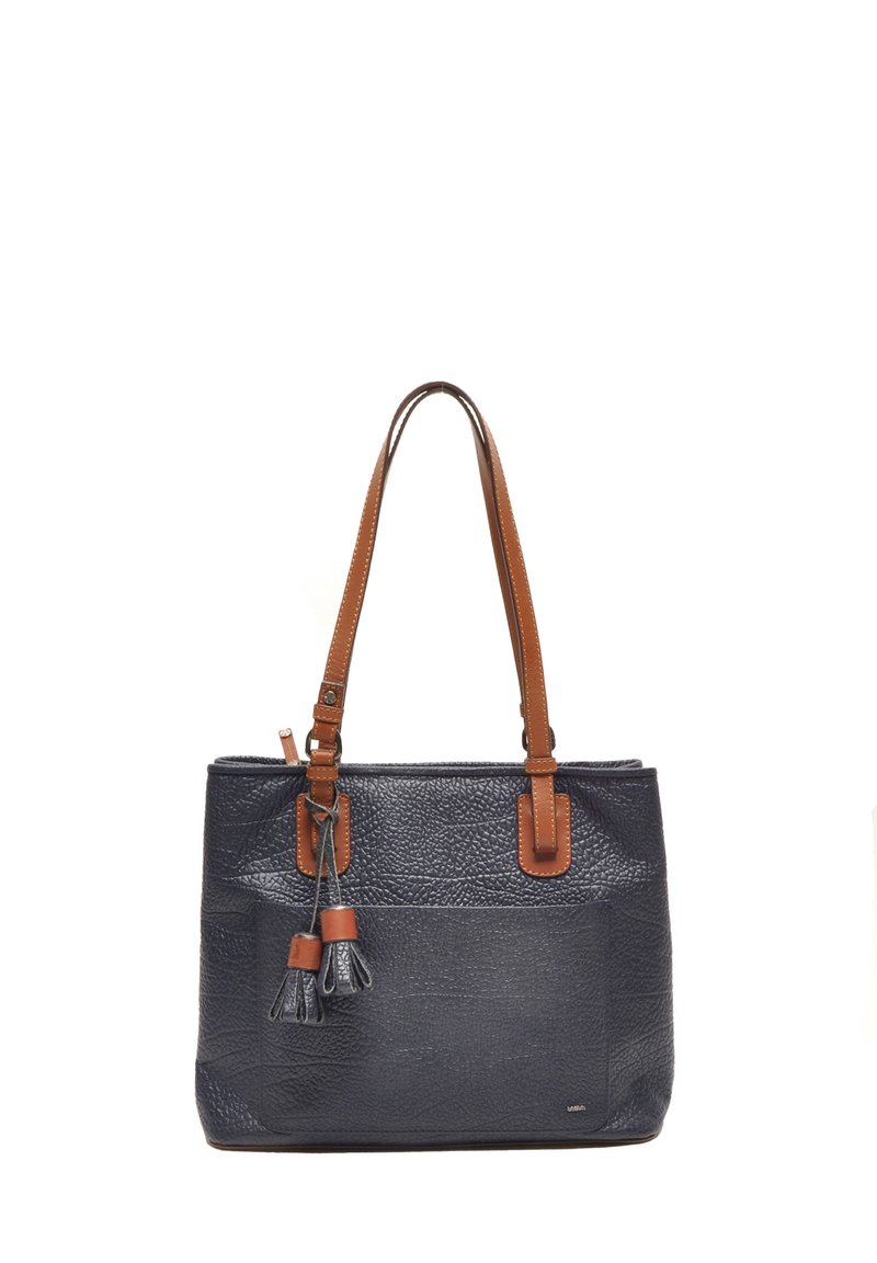 Navy gestepte tote bag met leren bruine handvatten en accenten. Bevat een voorvak en een kwastdetail. Rechthoekige vorm.