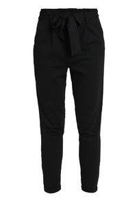 Zwarte tapered broek met hoge taille, voorzien van een gestrikt stofriempje, plooien aan de voorkant en een soepele textuur. Geschikt voor verschillende gelegenheden.