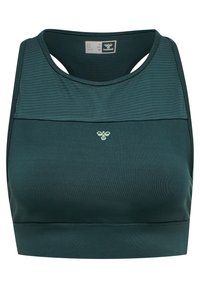 Mörkgrön sportbehå med ribbat mönster högst upp, slät kropp och en liten logotyp i ljusgrönt i mitten. Stretchigt tyg.