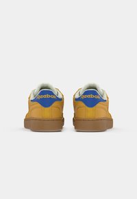 Par tenisica tamne boje Reebok s plavim petnim tabovima i smeškim đonovima, prikazane straga na jednobojnoj bijeloj pozadini.