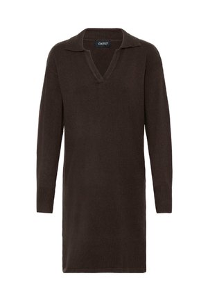 Robe en tricot marron avec un col en V et un col. Manches longues avec des poignets côtelés. Design simple, avec un minimum de détails et une coupe décontractée.
