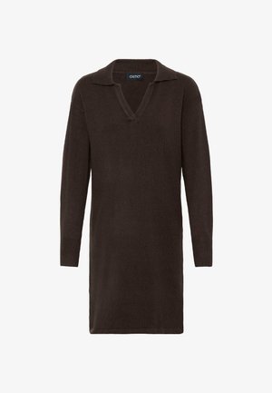 Brūns adīts kleita ar V-veida kaklu un apkakli. Garas piedurknes ar ribotām maliņām. Vienkāršs dizains, minimālas detaļas un brīvs piegriezums.