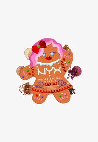 Paleta do makijażu w kształcie piernikowego ludka z brązowym ciałem, różowymi włosami i ozdobnymi detalami przypominającymi lukier. Zawiera różne sypkie pudry do makijażu.