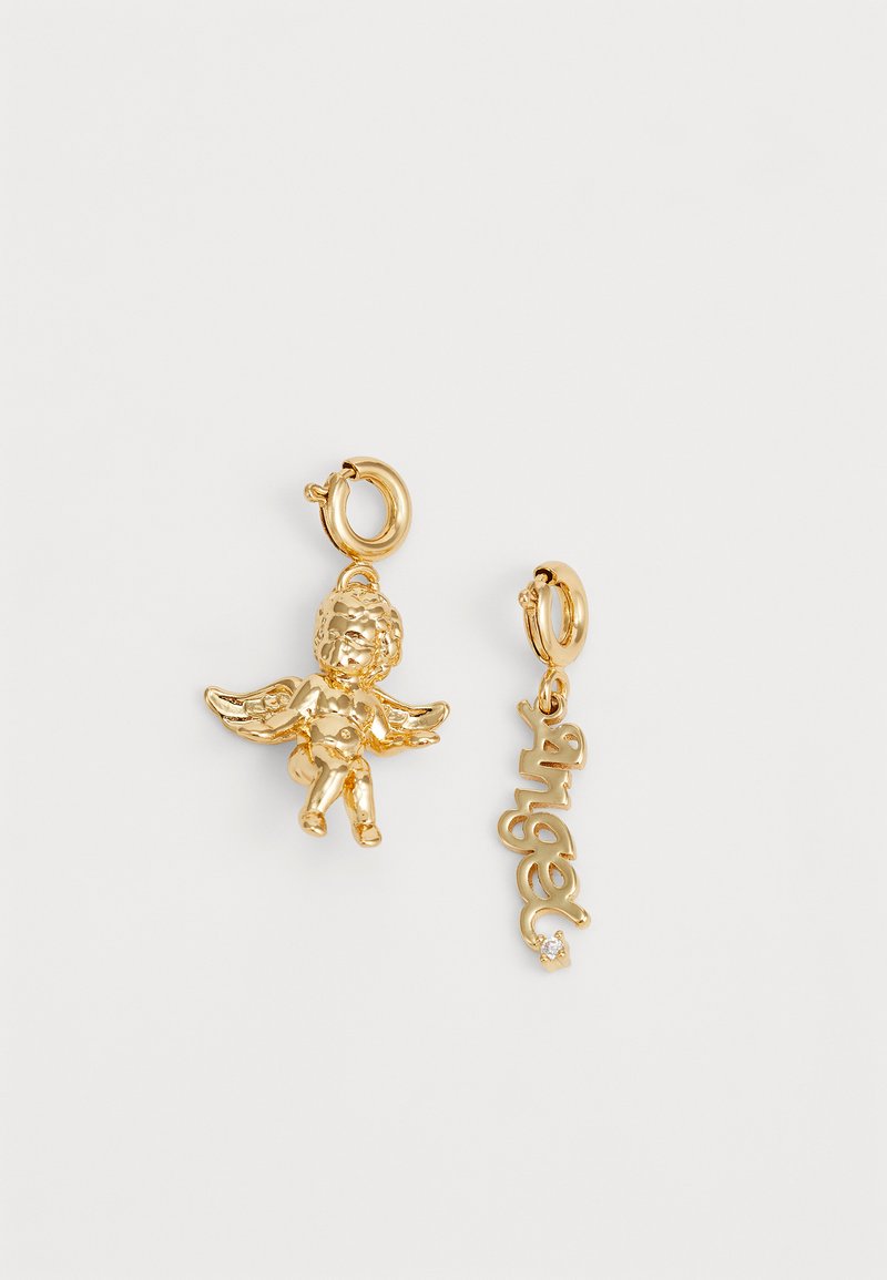 Gold-tone charm set featuring a detailed angel figure with wings and a script "Angel" charm, accented with a small rhinestone.
