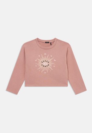 Felpa corta rosa con maniche lunghe, caratterizzata da una grafica centrale di un sole in tonalità crema e nera. Tessuto morbido con scollatura a girocollo.