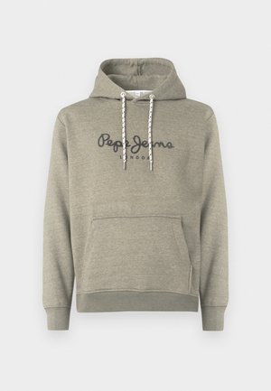 Light grey hooded sweatshirt with front pocket, white drawstrings, and "Pepe Jeans London" printed on the chest in dark grey.