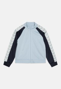 helehall ja tumesinine lukuga jakk kõrge kraega, v-mustriliste varrukatega ning rinnal väike tikitud logo.