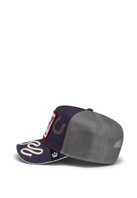 Purple baseball cap with a curved brim, mesh back, and embroidered accents. Features a patch logo and visible stitching details.