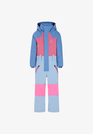 Sníh oblek v modré a růžové. Obsahuje kapuci, přední zip a boční kapsy. Design s barevnými bloky a matnou texturou, s nastavitelnými manžetami.