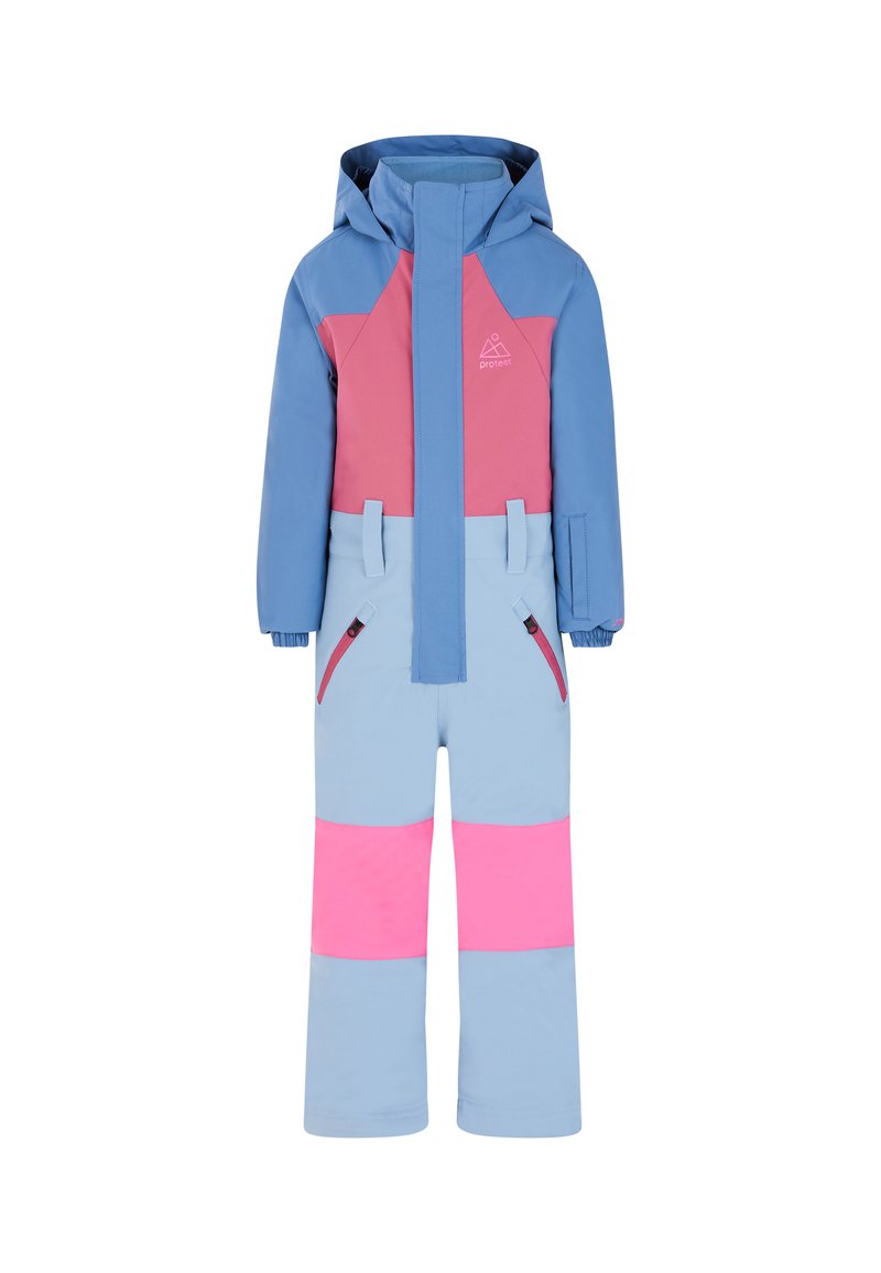 Mono de nieve en azul y rosa. Cuenta con capucha, cierre frontal y bolsillos laterales. Diseño a bloques de color con textura mate y puños ajustables.