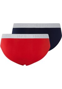 Rode en marineblauwe katoenen slips met een grijze elastische tailleband waarop het "HANRO" logo staat. Gladde textuur en standaard slipsnit.