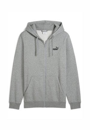 Grijze ritstrui gemaakt van zachte stof, met een capuchon, twee voorzakken en een klein zwart Puma-logo op de linkerborst.
