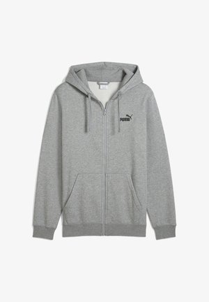 Pelēks kapuces džemperis, izgatavots no mīkstas auduma, ar kapuci, divām priekšējām kabatām un mazu melnu Puma logotipu kreisajā krūtī.