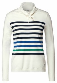 Maglione a maniche lunghe crema con collo a scialle, caratterizzato da strisce blu navy, blu, verde e grigio scuro. Tessuto morbido e dettaglio con orlo a coste.