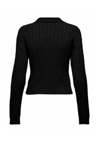 Juodas, trumpas megztinis su įripuotais tekstūromis ir kabelių raštu. Ilgos rankovės ir apykaklės iškirptė. Švelni, megzta medžiaga.