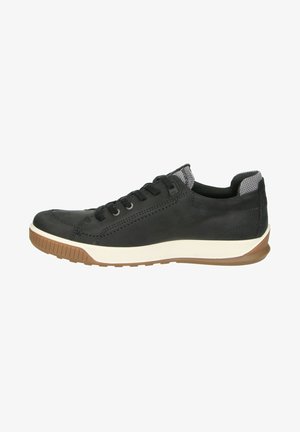 Schwarze Leder-Sneaker mit weißer und beiger Gummisohle. Eigenschaften sind ein niedriges Profil, Schnürdesign und strukturierte Akzente an der Ferse und Zunge.